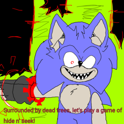 Size: 389x389 | Tagged: safe, artist:sonic-enterprise, sonic the hedgehog, oc, oc:sonic.exe, comic:bravery (sonic enterprise), 2024, abstract background, alternate universe, dialogue, english text, flat colors, glitch, sharp teeth, smile, solo, standing