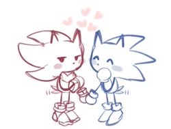 Size: 1369x1034 | Tagged: safe, artist:miko_sonic, shadow the hedgehog, sonic the hedgehog, 2024, blushing, cute, duo, gay, heart, holding hands, line art, shadow x sonic, shadowbetes, shipping, small, sonabetes, standing, stick figure, wagging tail