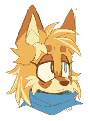 Size: 730x986 | Tagged: safe, artist:son1c, miles "tails" prower, alternate eye color, beanbrows, freckles, headshot, heterochromia, lidded eyes, looking at each other, older, scarf, signature, simple background, smile, solo, white background