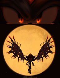 Size: 1583x2048 | Tagged: safe, artist:itz_s0nix, shadow the hedgehog, sonic x shadow generations, 2024, close-up, doom shadow, flying, glowing eyes, nighttime, outdoors, solo, wings
