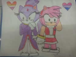 Size: 1080x810 | Tagged: dead source, safe, artist:sanchezramsess, amy rose, blaze the cat, 2023, alternate outfit, amy x blaze, badge, bisexual, bisexual pride, blushing, duo, heart, holding hands, lesbian, lesbian pride, looking away, nervous, pride, pride flag, shipping, traditional media