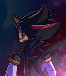 Size: 1790x2048 | Tagged: safe, artist:eluespito, shadow the hedgehog, sonic x shadow generations, 2024, abstract background, looking at viewer, looking back, looking back at viewer, signature, solo, standing