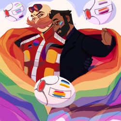 Size: 2000x2000 | Tagged: safe, artist:demetera_, agent stone, robotnik, human, 2024, abstract background, ace, aro ace pride, asexual pride, bisexual, bisexual pride, duo, face paint, flag, gay, genderfluid pride, genderqueer pride, holding something, lesbian pride, lineless, mlm pride, nonbinary pride, paint, pansexual pride, pride, pride flag, progress pride, robot, robotnik x stone, shipping, standing, tie, trans pride