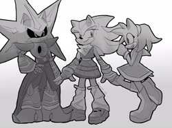 Size: 2048x1521 | Tagged: safe, artist:swati-art, amy rose, metal sonic, neo metal sonic, shadow the hedgehog, alternate outfit, amy x shadow, arm warmers, black sclera, crop top, cute, gradient background, greyscale, half r63 shipping, leg warmers, lesbian, metamy, monochrome, polyamory, robot, shipping, signature, skirt, smile, trans female, transfeminine, transgender, trio