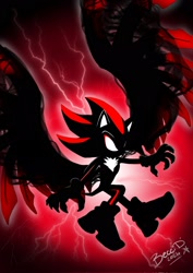 Size: 1448x2048 | Tagged: safe, artist:becci_d_artist, shadow the hedgehog, sonic x shadow generations, 2024, abstract background, doom shadow, flying, lightning, signature, solo, wings