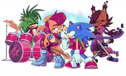 Size: 2048x1236 | Tagged: safe, artist:jadepesky, manik the hedgehog, nicole the hololynx, sally acorn, sonic the hedgehog, drums, guitar, keyboard