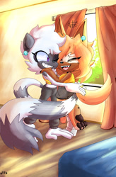 Size: 2012x3072 | Tagged: safe, artist:buddyhyped, tangle the lemur, whisper the wolf, abstract background, alternate outfit, barefoot, bed, curtain, daytime, duo, ear piercing, earring, eye clipping through hair, eyes closed, four toes, holding each other, indoors, lesbian, one eye closed, pawpads, paws, shipping, signature, smile, standing, tangle x whisper, window, wrapped in tail