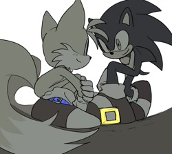 Size: 1239x1106 | Tagged: safe, artist:dochisukiovo, miles "tails" prower, sonic the hedgehog, 2024, duo, gay, kneeling, looking at each other, monochrome, shipping, simple background, smile, sonic x tails, spot color, white background