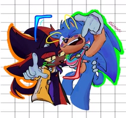 Size: 1280x1198 | Tagged: safe, artist:solivonic, shadow the hedgehog, sonic the hedgehog, 2024, ace, aromantic, aromantic pride, asexual pride, bandana, bisexual, bisexual pride, cape, duo, face paint, gay, looking at viewer, mlm pride, nonbinary, nonbinary pride, pride, redraw, shadow x sonic, shipping, signature, smile, top surgery scars, trans male, trans pride, transgender, wink, yellow sclera