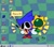 Size: 964x842 | Tagged: safe, artist:kirby-popstar, sonic the hedgehog, oc, oc:sonk, 2024, abstract background, flower, looking at viewer, offering flower, smile, solo, speech bubble, star (symbol), sunflower, talking to viewer, windows 95