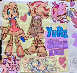 Size: 2048x1926 | Tagged: safe, artist:omentu5, amy rose, shadow the hedgehog, 2024, amybetes, blushing, cute, duo, gender swap, half r63 shipping, lesbian, shadamy, shadowbetes, shipping, traditional media