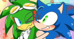 Size: 1000x539 | Tagged: safe, artist:harkfeather, jet the hawk, sonic the hedgehog, 2024, blushing, cute, duo, gay, gradient background, heart, hugging, hugging from behind, jet x sonic, jetabetes, looking ahead, looking at them, looking offscreen, mouth open, one eye closed, shipping, signature, smile, sonabetes