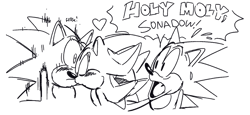 Size: 995x458 | Tagged: safe, artist:sodaft potato, shadow the hedgehog, sonic the hedgehog, sonic x shadow generations, 2024, classic sonic, dialogue, english text, gay, kiss, line art, self paradox, shadow x sonic, shipping, shocked, simple background, sweatdrop, trio, white background