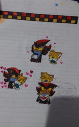 Size: 1280x2048 | Tagged: safe, artist:max_dibujitos15, miles "tails" prower, shadow the hedgehog, 2024, cute, duo, gay, heart, hugging, lined paper, riding on shoulders, shadow x tails, shipping, traditional media, yellow sclera