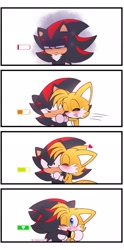 Size: 1015x2048 | Tagged: dead source, safe, artist:nekitogame67025, miles "tails" prower, shadow the hedgehog, 2024, battery, comic, cute, duo, gay, heart, hugging, kiss on cheek, shadails, shadowbetes, shipping, simple background, tailabetes, white background