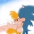 Size: 1637x1637 | Tagged: dead source, safe, artist:_nav_o, miles "tails" prower, sonic the hedgehog, 2024, blushing, cute, duo, eyes closed, gay, gradient background, holding hands, shipping, smile, sonabetes, sonic x tails, standing, star (symbol), tailabetes