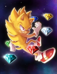 Size: 1583x2048 | Tagged: safe, artist:artfromars, sonic the hedgehog, super sonic, chaos emerald, flying, gradient background, lineless, looking offscreen, outline, smile, solo, star (sky), super form