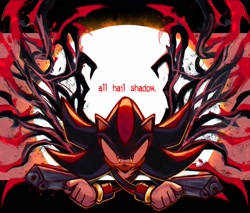 Size: 2048x1746 | Tagged: safe, artist:majindoodles, shadow the hedgehog, sonic x shadow generations, 2024, abstract background, all hail shadow, doom shadow, english text, gun, holding something, looking at viewer, moon, solo, wings