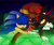 Size: 2048x1738 | Tagged: safe, artist:renegadeknucks, knuckles the echidna, shadow the hedgehog, sonic the hedgehog, abstract background, dark skin, drooling, eyes closed, gay, knuxadow, knuxonadow, looking at them, master emerald, mouth open, nighttime, one eye closed, one fang, outdoors, polyamory, shadow x sonic, shipping, sleeping, smile, top surgery scars, trans male, transgender, trio