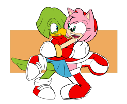 Size: 2048x1687 | Tagged: safe, artist:tacorooster, amy rose, tekno the canary, 2024, duo, flat colors, holding each other, lesbian, looking at each other, shipping, skirt, smile, teknamy