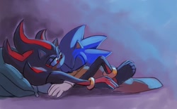 Size: 2048x1271 | Tagged: safe, artist:sthsora, shadow the hedgehog, sonic the hedgehog, 2024, barefoot, cute, duo, gay, leaning back, leaning on them, paws, pillow, shadow x sonic, shipping, smile, snuggling