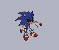 Size: 1034x878 | Tagged: safe, artist:classicmariposazul, sonic the hedgehog, oc, oc:sonic.exe, 2024, black sclera, bleeding, bleeding from eyes, blood, blood stain, claws, frown, grey background, looking offscreen, one fang, simple background, solo, standing