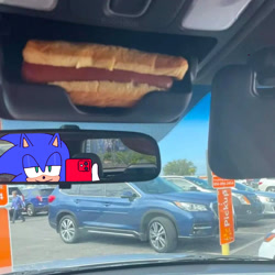 Size: 1003x1003 | Tagged: safe, artist:sophbun, sonic the hedgehog, 2024, car, daytime, food, holding something, hot dog, phone, selfie, solo