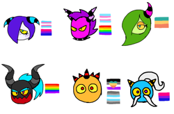 Size: 1024x670 | Tagged: safe, artist:stupidsunny-d, master zik, zavok, zazz, zeena, zomom, zor, zeti, ace, asexual pride, bisexual, bisexual pride, deadly six, demiboy, demiboy pride, gay, gay pride, group, head only, headcanon, no mouth, pansexual, pansexual pride, pride, simple background, trans male, trans pride, transgender, white background