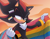 Size: 2048x1583 | Tagged: safe, artist:starlightseq, shadow the hedgehog, asexual, asexual pride, clenched teeth, flag, gay pride, holding something, lidded eyes, looking offscreen, nonbinary, nonbinary pride, pride, pride flag, progress pride, solo, standing