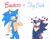 Size: 2048x1580 | Tagged: safe, artist:umtrem, shadow the hedgehog, sonic the hedgehog, hedgehog, badass x shy babb, bleeding, bleeding from mouth, blood, blushing, duo, ear fluff, english text, fluffy, gay, heart, injured, looking at them, looking offscreen, meme, shadow x sonic, shipping, simple background, smile, sparkles, standing, top surgery scars, transgender, white background