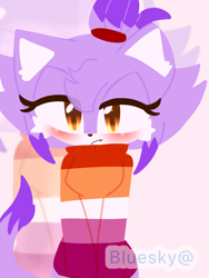 Size: 768x1024 | Tagged: safe, artist:bluey-wonder, blaze the cat, blazebetes, blushing, cute, echo background, lesbian, lesbian pride, lidded eyes, looking offscreen, pink background, pride, signature, simple background, solo, sweater