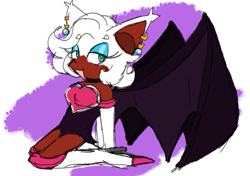 Size: 755x533 | Tagged: safe, artist:momgana_, rouge the bat, ear piercing, earring, kneeling, lidded eyes, mouth open, smile, solo