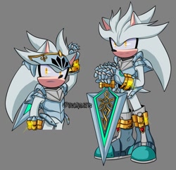 Size: 949x920 | Tagged: safe, artist:jeongarte_sonic, silver the hedgehog, sonic and the black knight, 2024, frown, grey background, holding something, knight armor, looking at viewer, looking offscreen, signature, simple background, sir galahad, solo, standing, sword