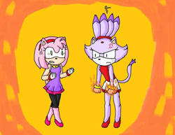 Size: 821x634 | Tagged: safe, artist:goddessprincesslulu, amy rose, blaze the cat, cat, hedgehog, 2012, amy x blaze, angry, female, females only, gymnastic outfit, lesbian, shipping