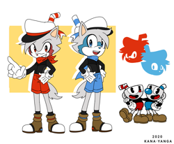 Size: 1241x1024 | Tagged: safe, artist:kanayanga, wolf, barely sonic related, crossover, cuphead, male, mobianified, mugman, twins