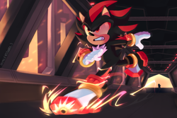 Size: 2048x1368 | Tagged: safe, artist:smilenetwork, maria robotnik, shadow the hedgehog, sonic x shadow generations, 2024, abstract background, duo, lineless, looking ahead, looking offscreen, skating, solo focus