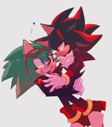 Size: 1820x2048 | Tagged: safe, artist:deadvpoo, scourge the hedgehog, shadow the hedgehog, 2024, cute, duo, eyelashes, frown, gay, grey background, heart, holding each other, lidded eyes, looking at each other, shadourge, shipping, simple background, smile