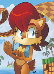 Size: 702x958 | Tagged: safe, artist:ufena, nicole the handheld, sally acorn, green hill zone, abstract background, looking at viewer, outdoors, palm tree, smile