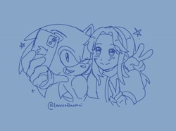 Size: 2048x1520 | Tagged: safe, artist:lanceoflansoni, maria robotnik, sonic the hedgehog, 2024, blue background, duo, holding something, monochrome, phone, selfie, star (symbol), v sign, wink