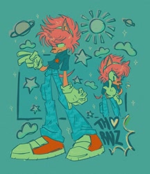 Size: 1771x2054 | Tagged: safe, artist:cosmic_fall, amy rose, 2024, akanbe, alternate outfit, blue background, clouds, fleetway, fleetway amy, pants, planet, shirt, solo, star (symbol), sun, tongue out