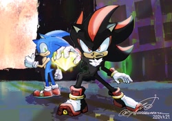 Size: 2047x1447 | Tagged: safe, artist:syuuu, shadow the hedgehog, sonic the hedgehog, 2024, chaos emerald, duo, outdoors, redraw, shadow the hedgehog (video game), standing, thumbs up, westopolis