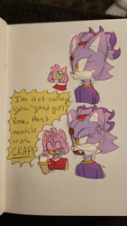 Size: 1209x2147 | Tagged: safe, artist:emioliravioli, amy rose, blaze the cat, 2024, amy x blaze, cross popping vein, dialogue, duo, english text, i'm not calling you a good boy, lesbian, meme, shipping, sketch, traditional media