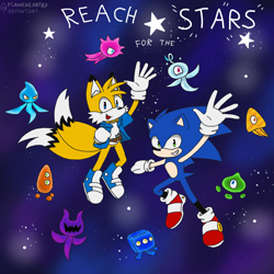 Size: 1324x1324 | Tagged: safe, artist:flameheart87, miles "tails" prower, sonic the hedgehog, wisp, 2023, abstract background, alternate outfit, blue shoes, blue wisp, cyan wisp, english text, fur markings, green wisp, group, indigo wisp, looking at viewer, mid-air, orange wisp, pink wisp, purple wisp, reach for the stars, smile, sonic colors, star (symbol), waving