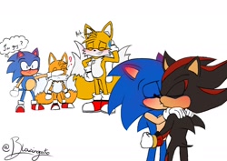 Size: 1754x1240 | Tagged: safe, artist:blazingcato01, shadow the hedgehog, sonic the hedgehog, sonic x shadow generations, blushing, blushing ears, classic sonic, classic tails, covering another's eyes, dialogue, english text, eyes closed, gay, group, holding each other, kiss, question mark, self paradox, shadow x sonic, shipping, signature, simple background, standing, sweatdrop, thought bubble, white background