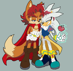 Size: 1044x1019 | Tagged: artist needed, safe, elias acorn, prince elias acorn, silver the hedgehog, hedgehog, squirrel, apple, cape, crossover, disney, dress, gay, grey background, prince florian, psychokinesis, shipping, silvias, snow white