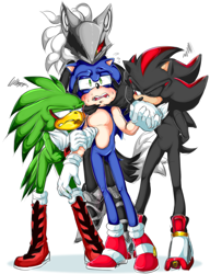 Size: 1323x1722 | Tagged: safe, artist:infinity-max, infinite the jackal, jet the hawk, shadow the hedgehog, sonic the hedgehog, 2019, annoyed, blushing, gay, group, hands on another's face, holding them, kiss on hand, love triangle, one eye closed, shadow x sonic, shipping, simple background, sonfinite, sonic gets all the boys, sonjet, standing, white background