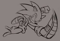 Size: 1149x801 | Tagged: safe, artist:majindoodles, sonic the hedgehog, 2024, backwards v sign, clenched fist, grey background, line art, looking at viewer, monochrome, running, simple background, smile, v sign