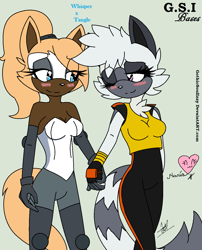 Size: 1009x1247 | Tagged: safe, artist:gothicsoulizzy, artist:mariaflaky382, tangle the lemur, whisper the wolf, 2024, base used, blushing, cleavage, cute, duo, eye clipping through hair, flat colors, green background, holding hands, lesbian, looking at each other, ms paint, shipping, signature, simple background, smile, standing, tangle x whisper, wink