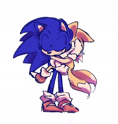 Size: 1944x2048 | Tagged: safe, artist:kuteun0, miles "tails" prower, sonic the hedgehog, 2022, carrying them, cute, duo, eyes closed, gay, hugging, shipping, smile, sonic x tails, standing