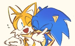 Size: 2048x1242 | Tagged: safe, artist:kuteun0, miles "tails" prower, sonic the hedgehog, 2022, duo, eyes closed, gay, mouth open, one eye closed, shipping, simple background, smile, sonic x tails, yellow background